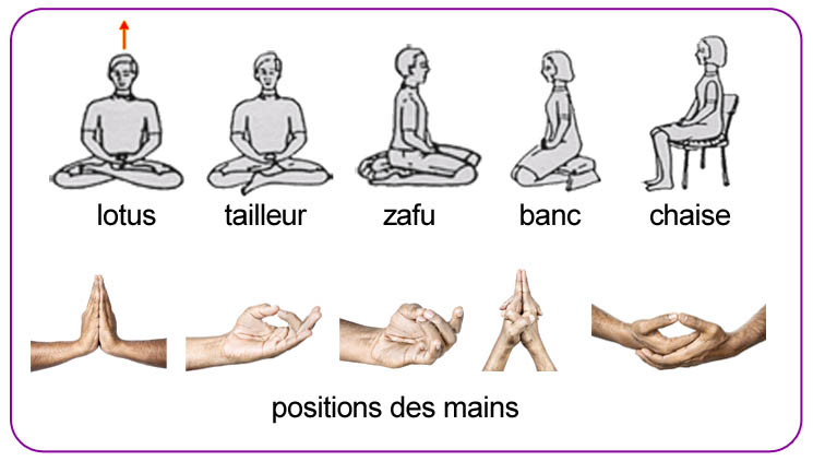 Exemple de positions des mains, doigts pour méditer
